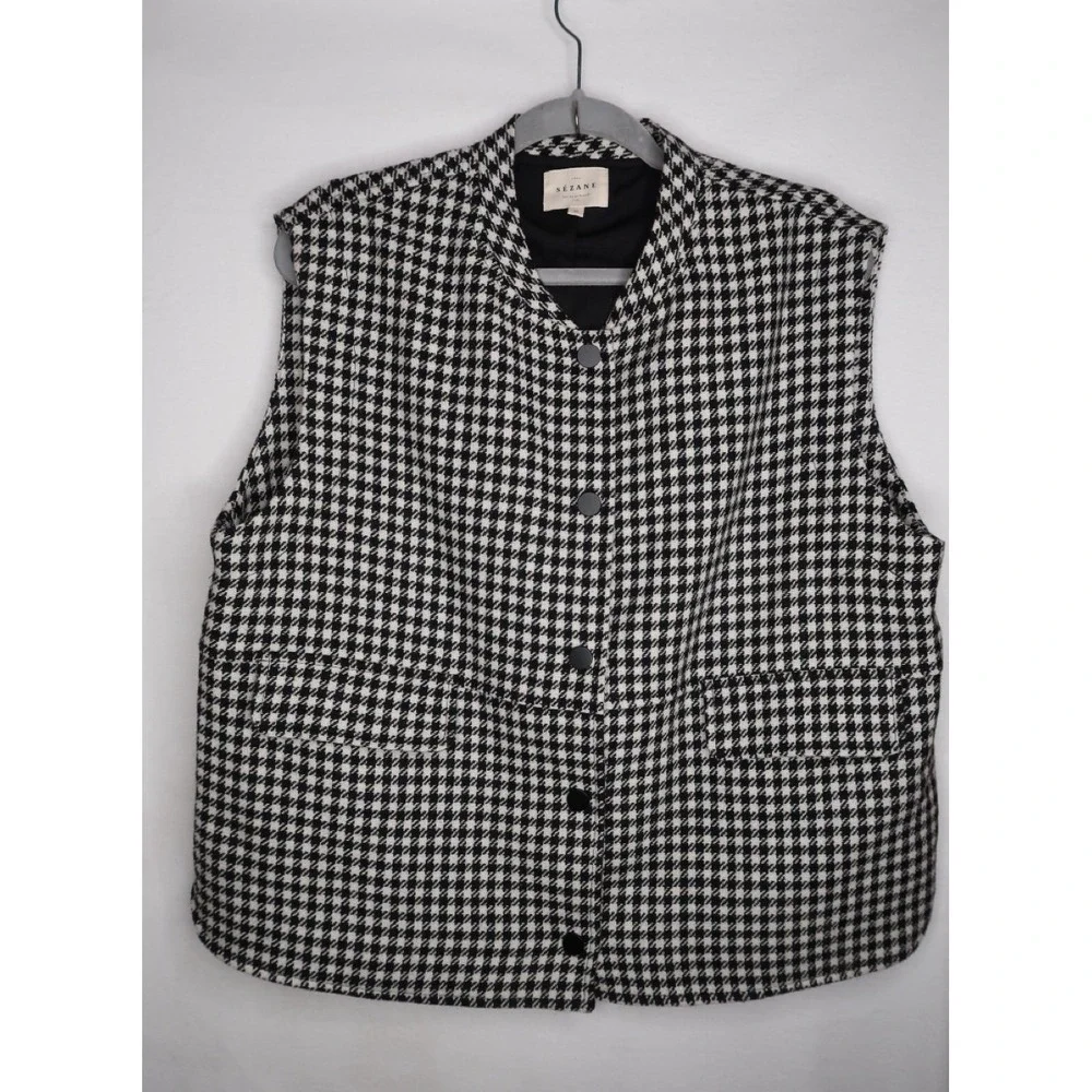 Sézane Houndstooth Wool Blend Snap Front Vest Jacket Womens Sz US 14 46 EU EUC - Picture 3 of 12
